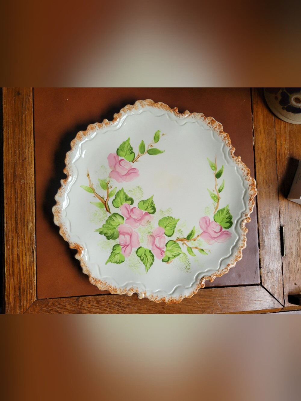 Hand Painted Porcelain Plate Pink Roses Signed Scalloped Embossed Edge